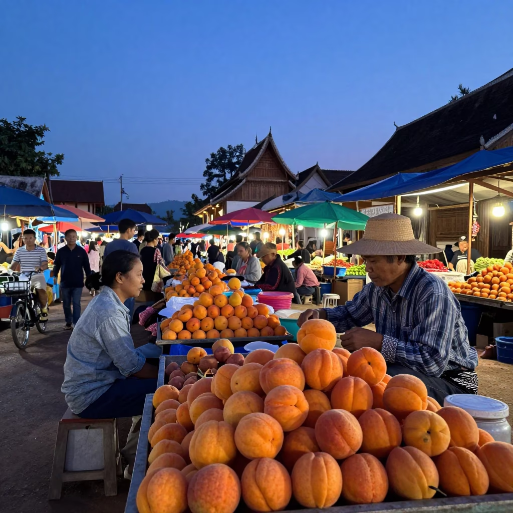 Market Scene in Luang Prabang at The Still Hours Before Dawn Light in in Luang Prabang, Laos