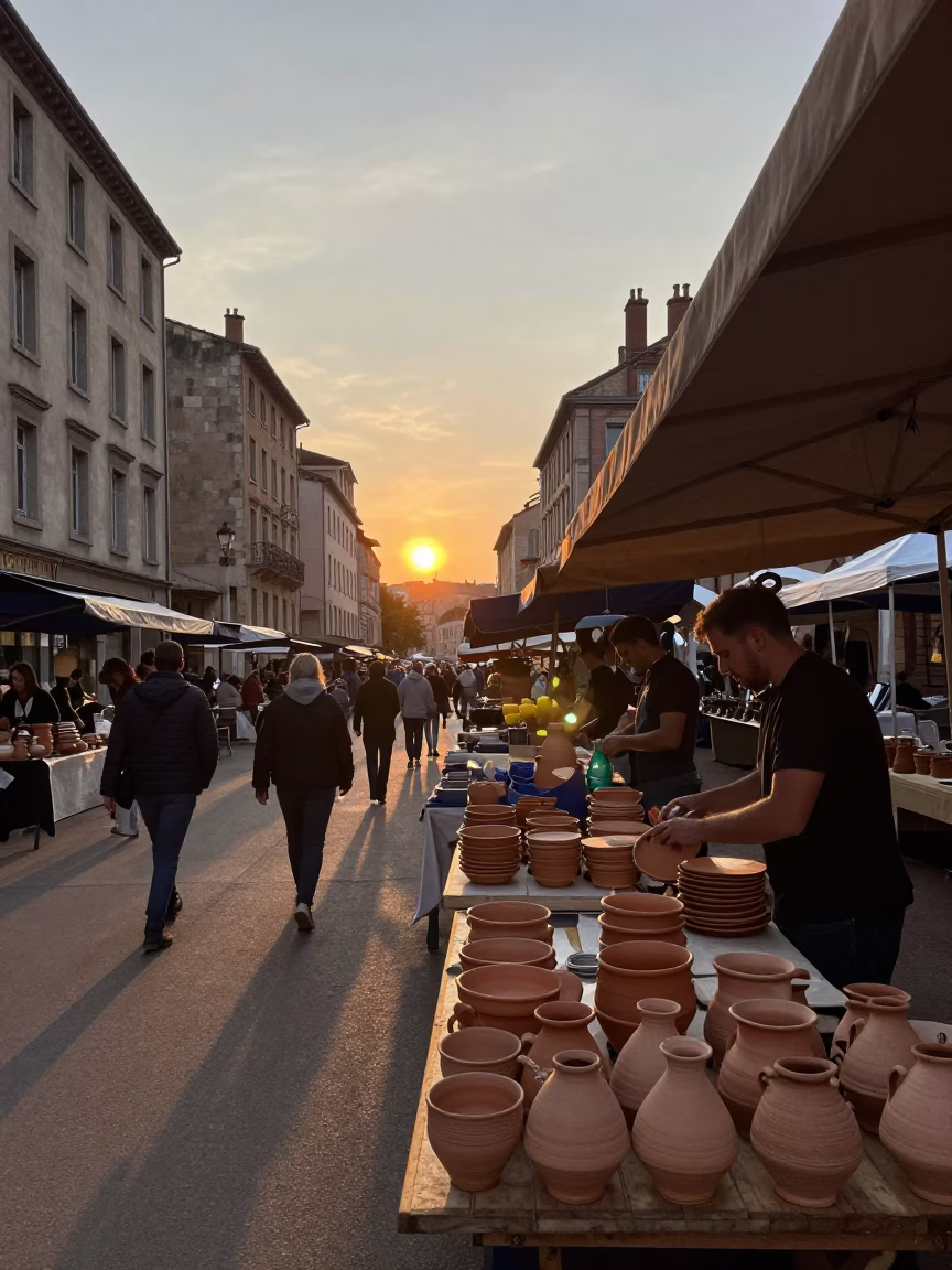 Market Scene in Lyon at As The Sun Drops Toward The Horizon in in Lyon, France