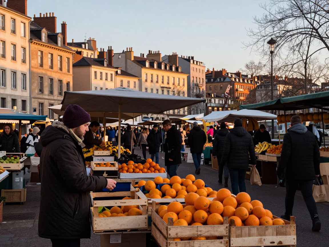 Market Scene in Lyon at First Light Of Dawn in in Lyon, France