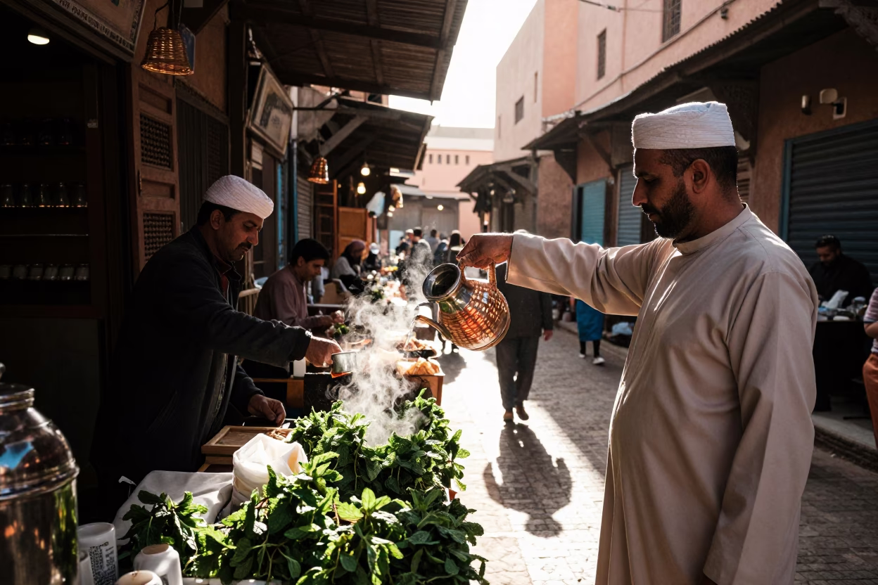 Market Scene in Marrakech at As First Light Reaches The Scene in in Marrakech, Morocco
