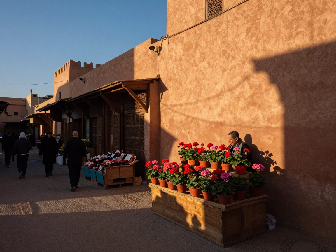 Market Scene in Marrakech at Honeyed Evening Light in in Marrakech, Morocco