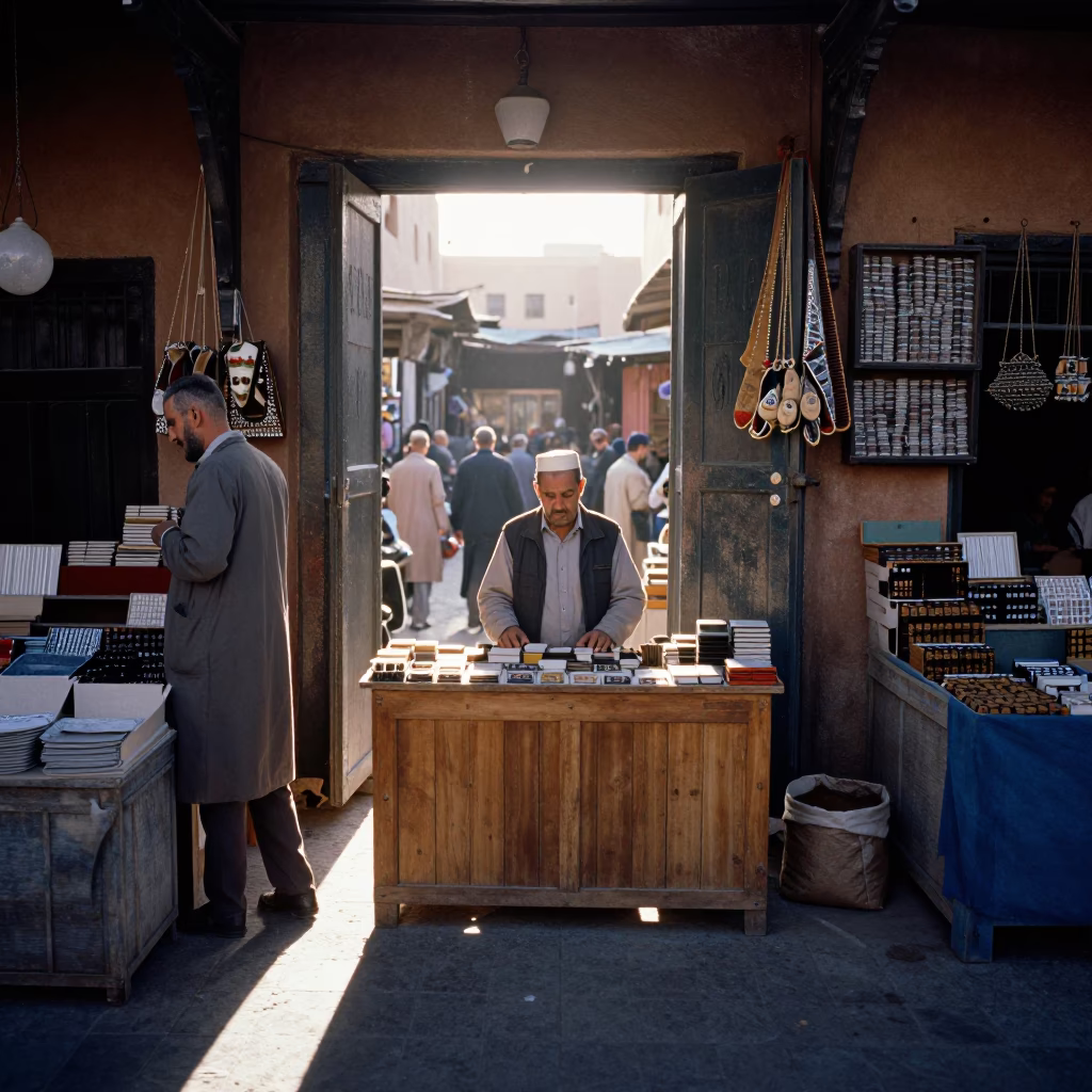 Market Scene in Marrakech at The Late Morning Light in in Marrakech, Morocco