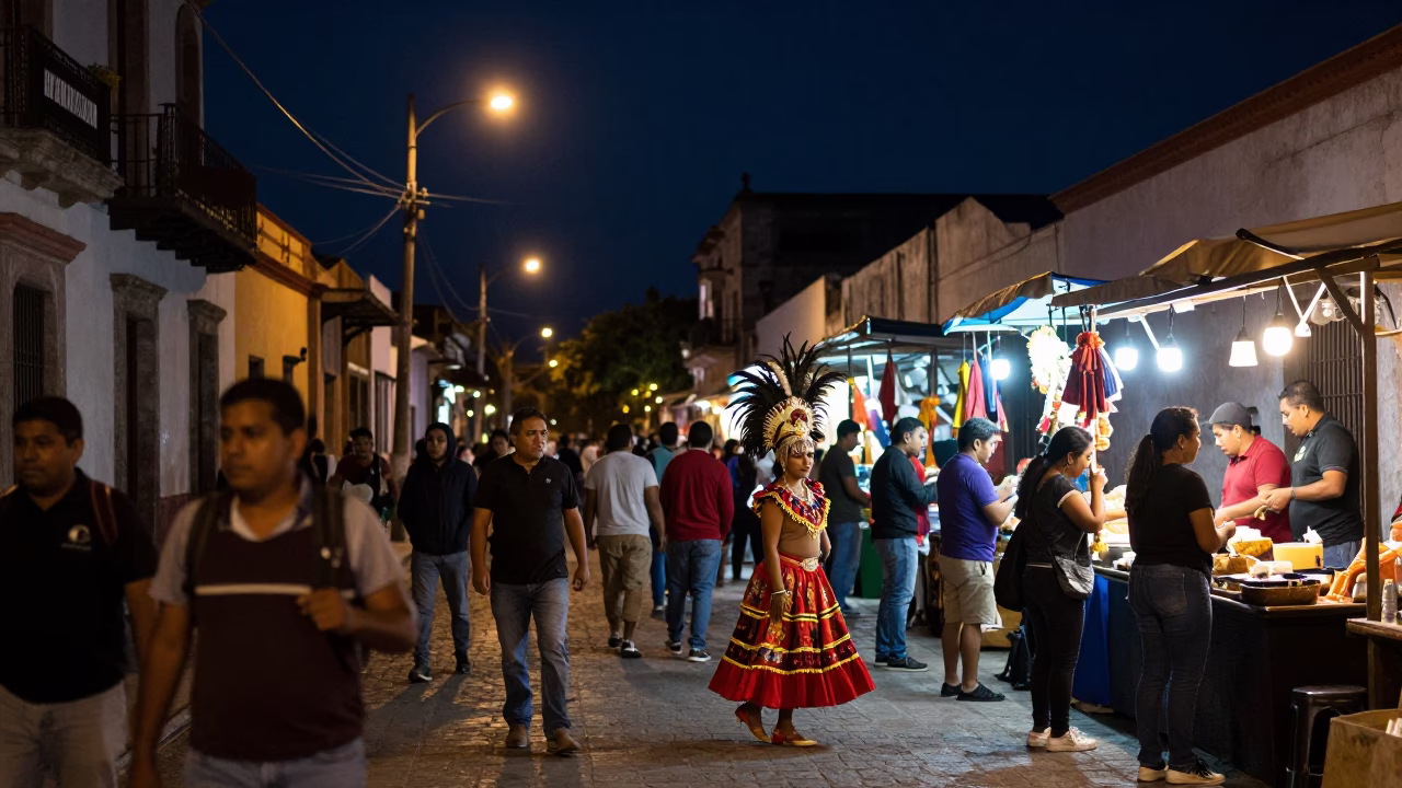 Market Scene in Merida at The Deepest Night Sky Light in in Merida, Mexico