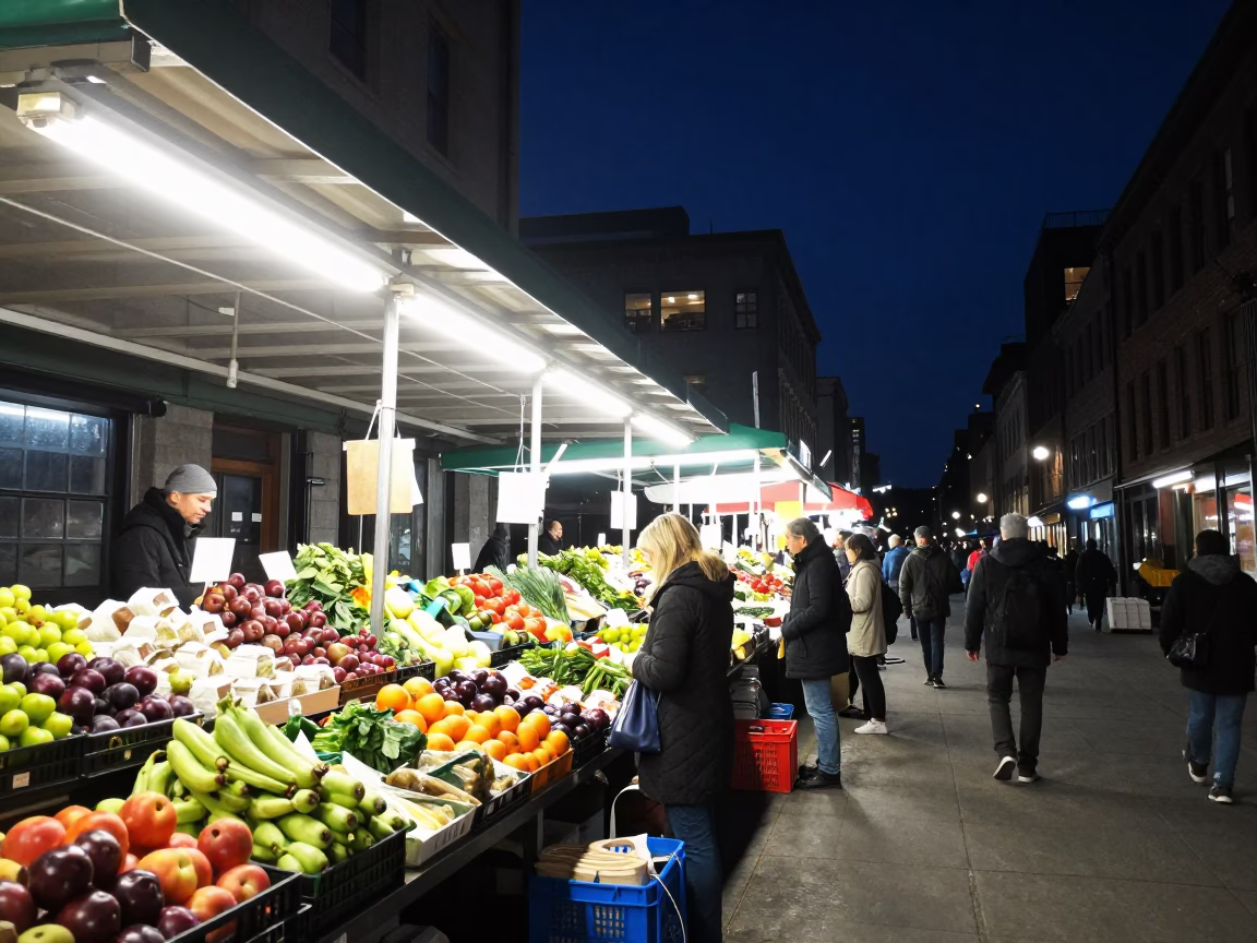 Market Scene in Montreal at The Deepest Night Sky Light in in Montreal, Quebec, Canada