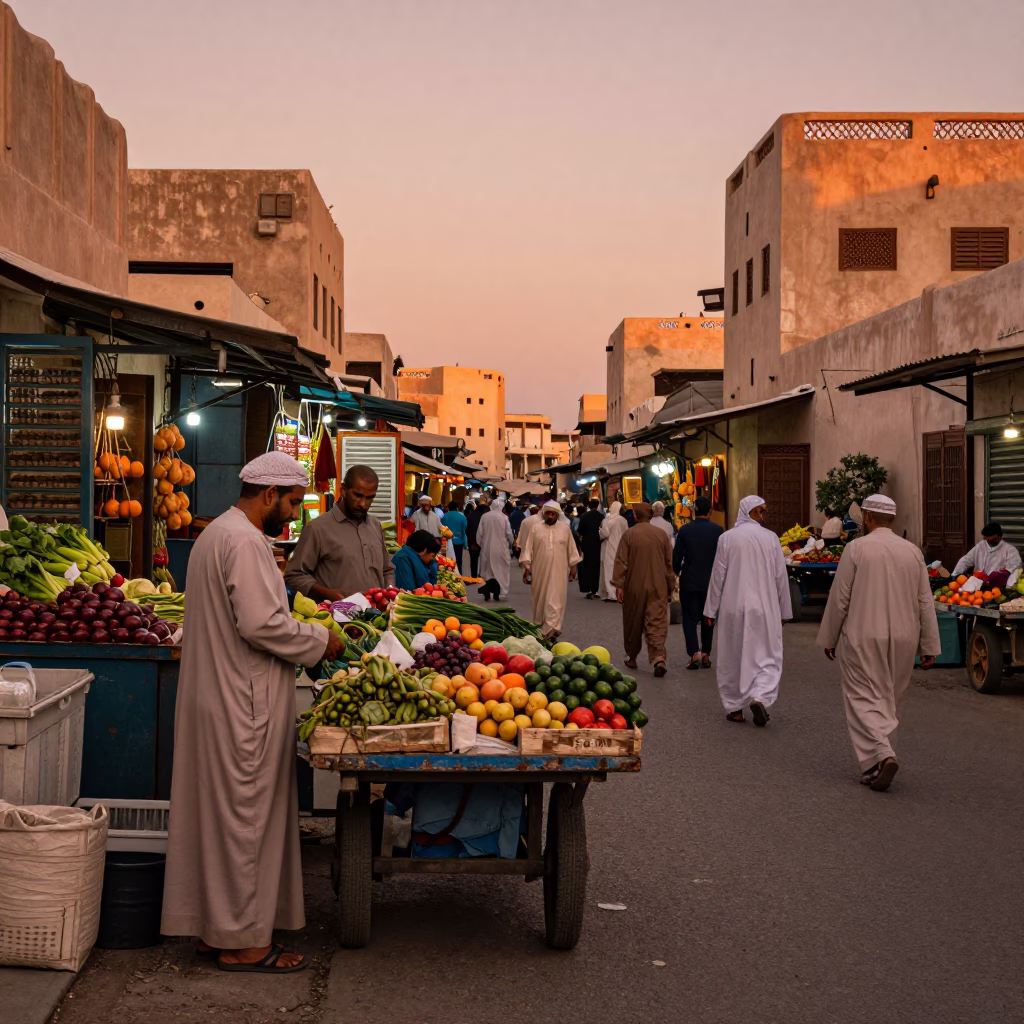 Market Scene in Muscat at Copper-toned Light Before Dusk in in Muscat, Oman