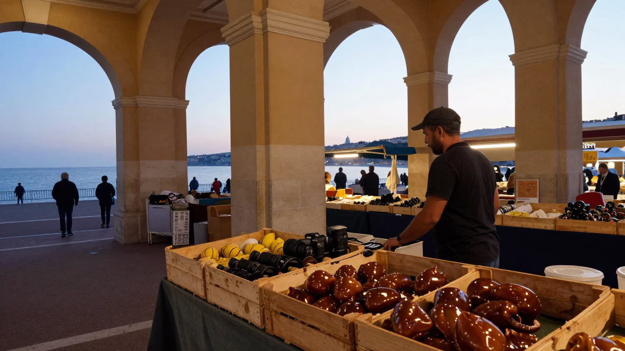 Market Scene in Nice at The Still Hours Before Dawn Light in in Nice, France