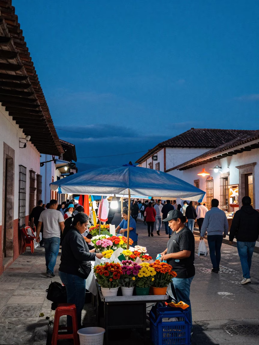 Market Scene in Oaxaca at Indigo Twilight After Sunset in in Oaxaca, Mexico