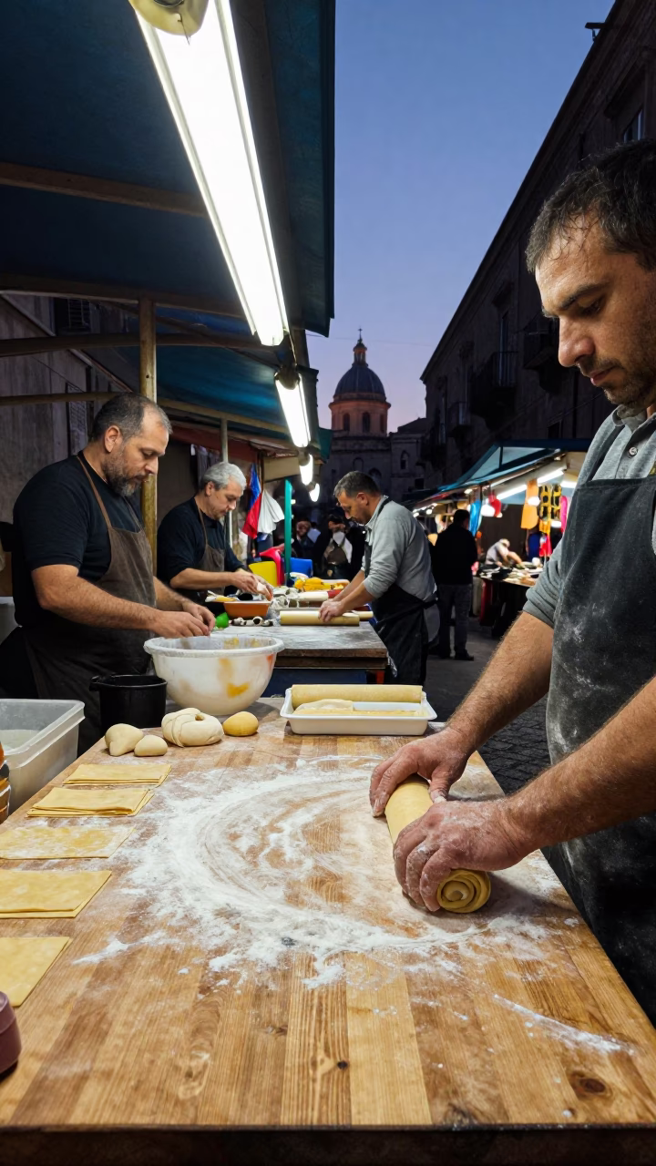 Market Scene in Palermo at The Still Hours Before Dawn Light in in Palermo, Italy