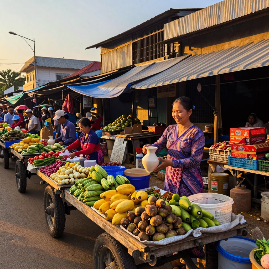 Market Scene in Phnom Penh at Golden Hour in in Phnom Penh, Cambodia