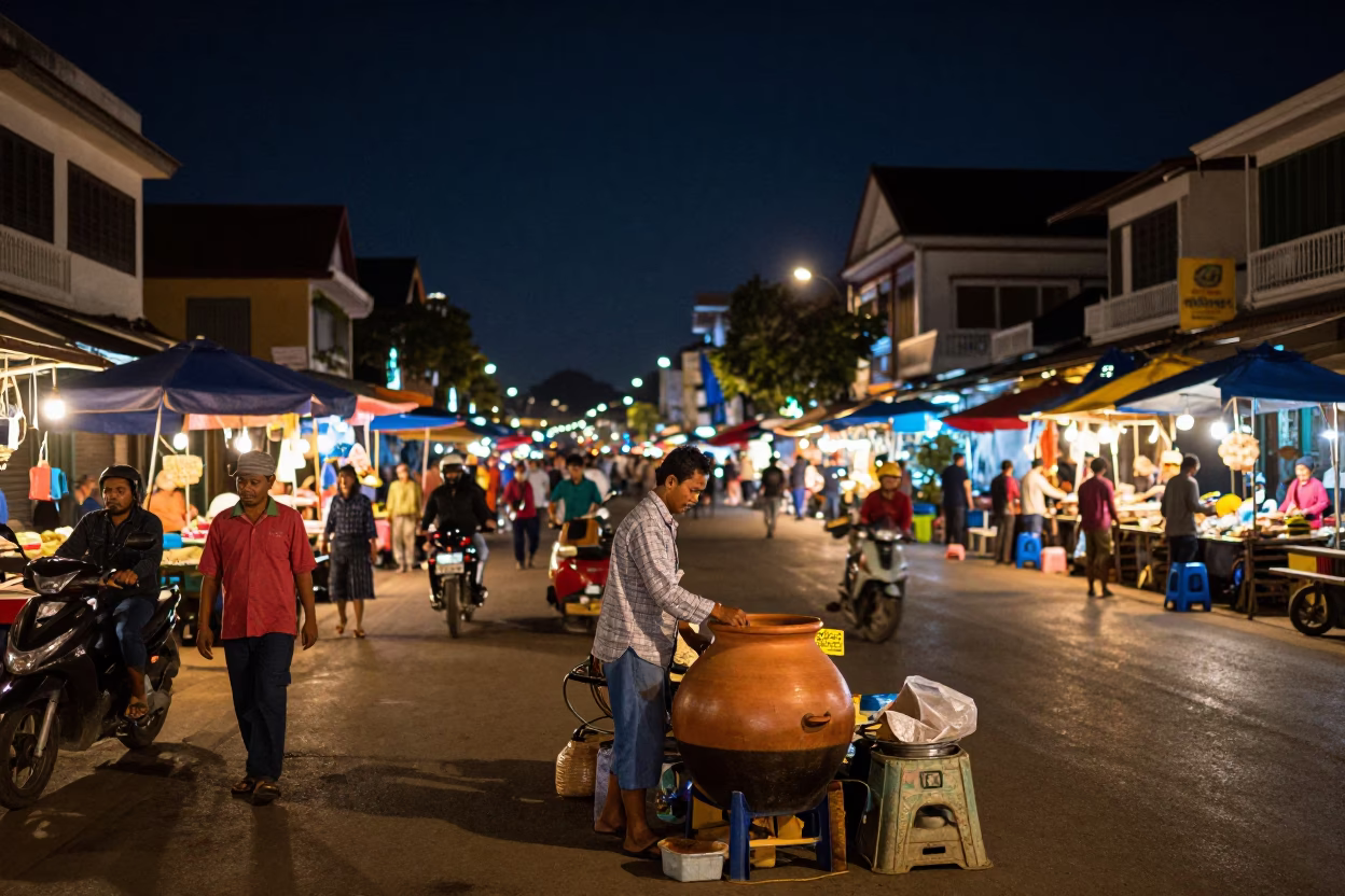 Market Scene in Phnom Penh at The Deepest Night Sky Light in in Phnom Penh, Cambodia