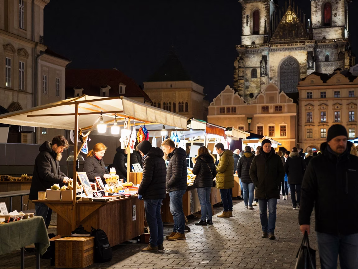 Market Scene in Prague at Deep In The Night Light in in Prague, Czech Republic