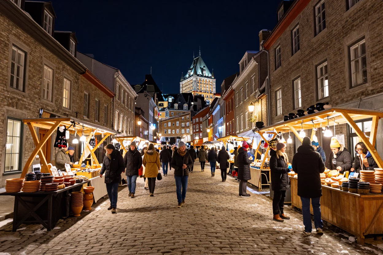 Market Scene in Quebec City at The Deepest Night Sky Light in in Quebec City, Quebec, Canada
