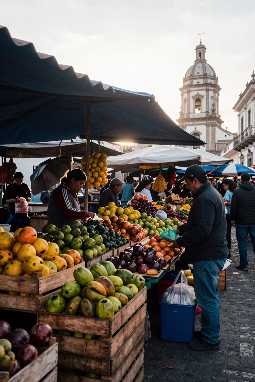 Market Scene in Quito at As First Light Reaches The Scene in in Quito, Ecuador