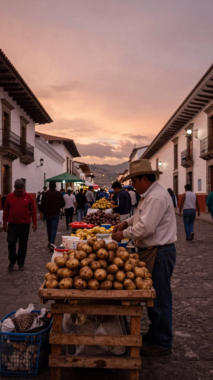 Market Scene in Quito at Copper-toned Light Before Dusk in in Quito, Ecuador