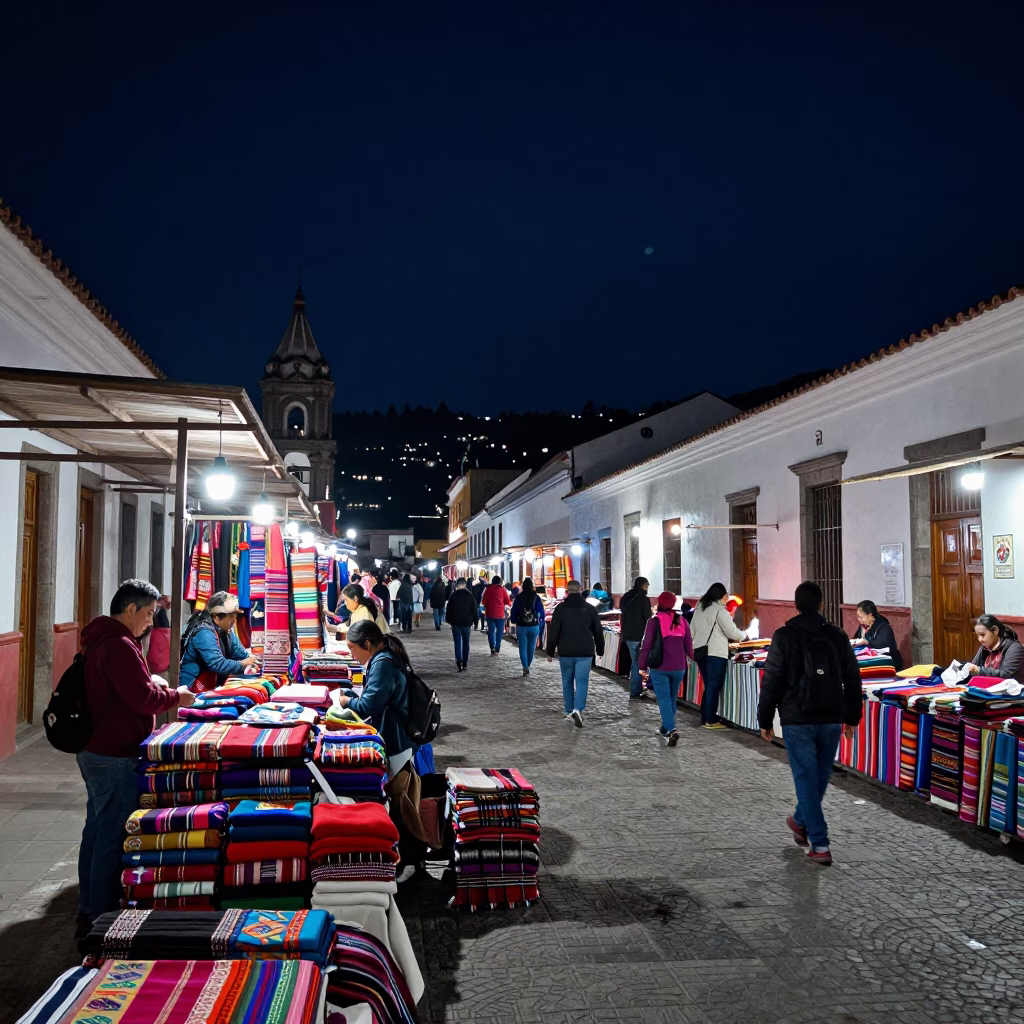 Market Scene in Quito at The Deepest Night Sky Light in in Quito, Ecuador