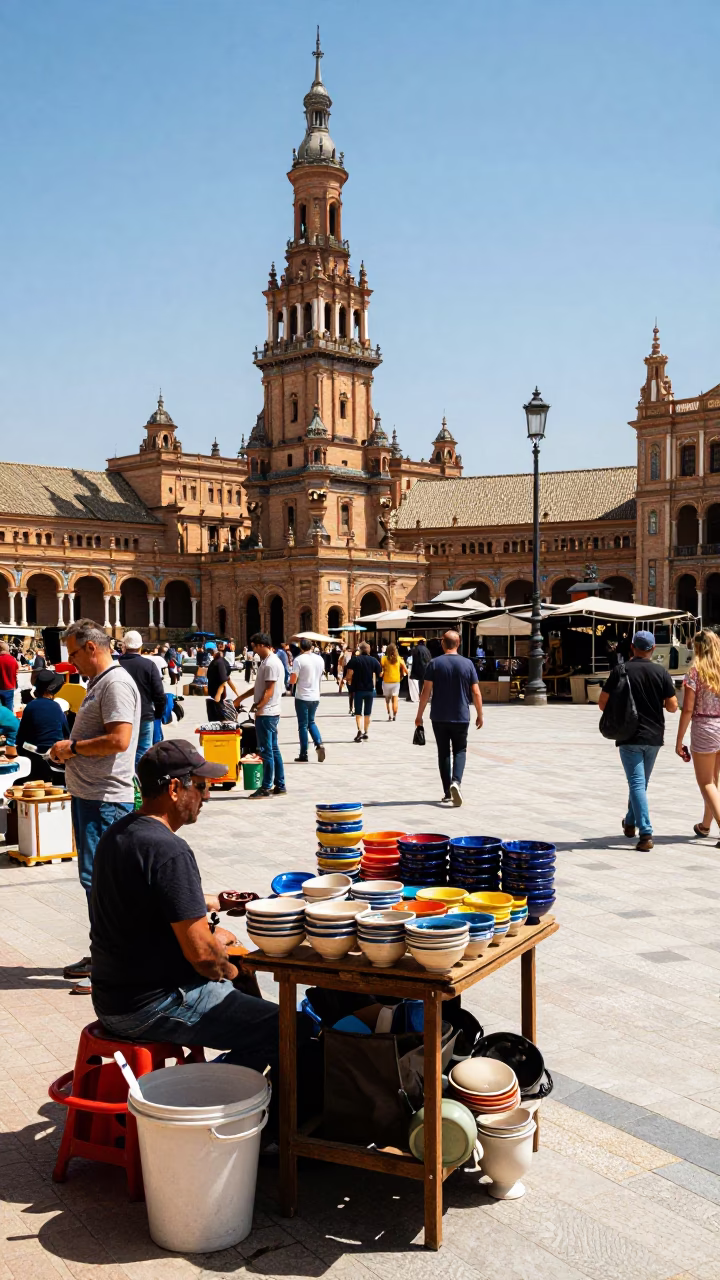 Market Scene in Seville at The Flat Glare Of Noon Light in in Seville, Spain