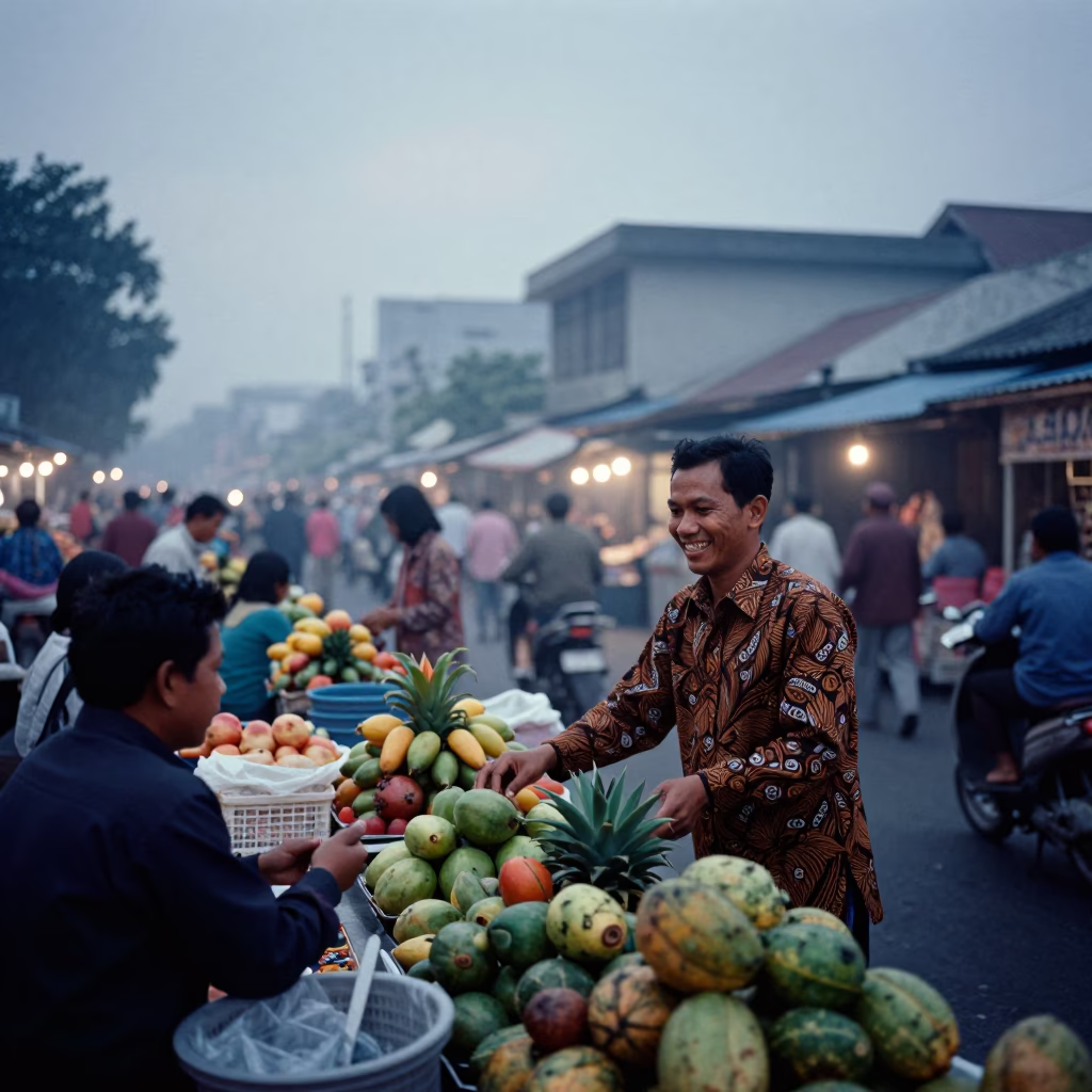 Market Scene in Surabaya at Nautical Dawn Light in in Surabaya, Indonesia