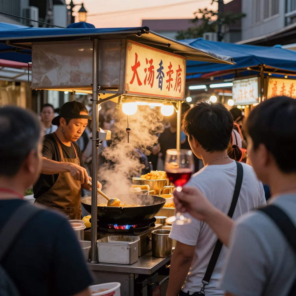 Market Scene in Tainan at Honeyed Evening Light in in Tainan, Taiwan