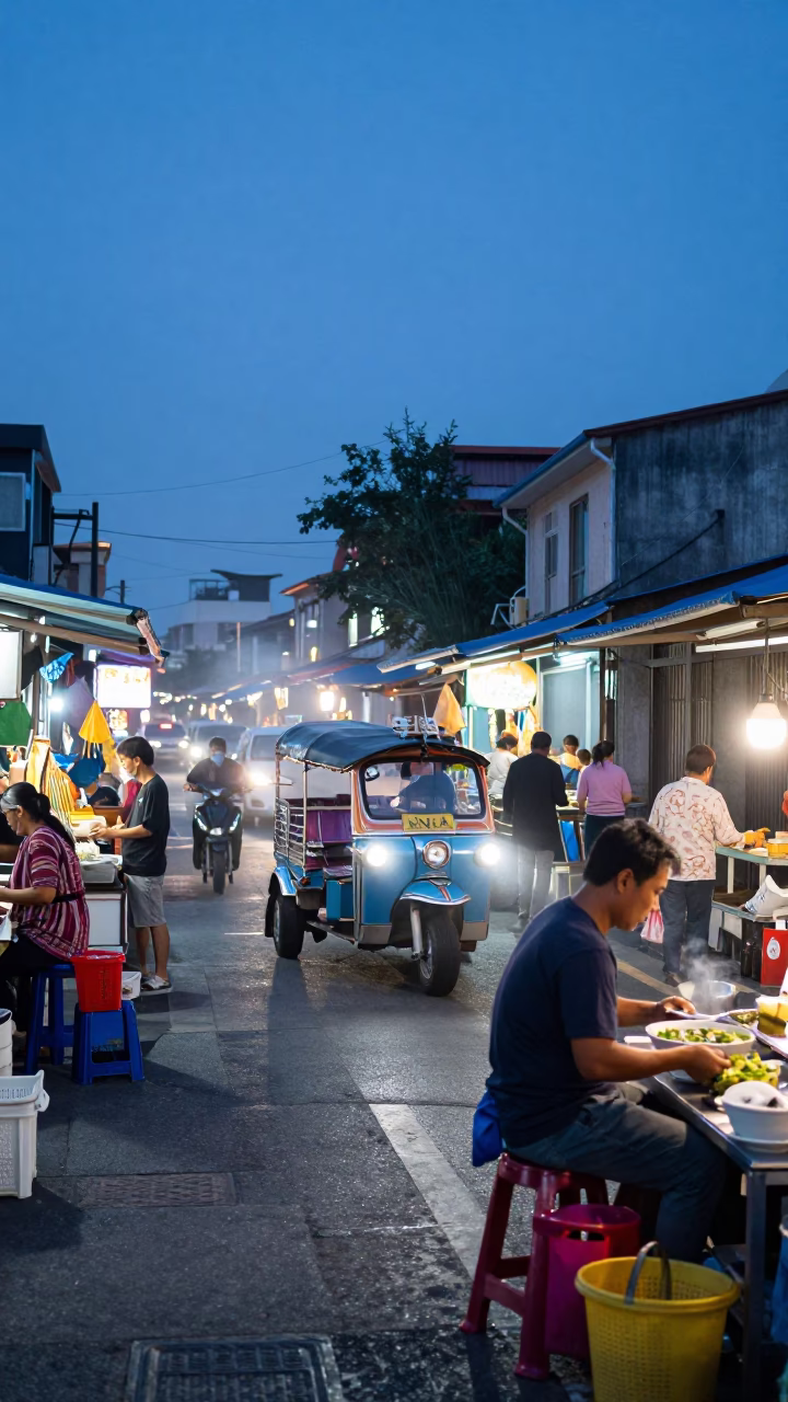 Market Scene in Tainan at Nautical Dawn Light in in Tainan, Taiwan