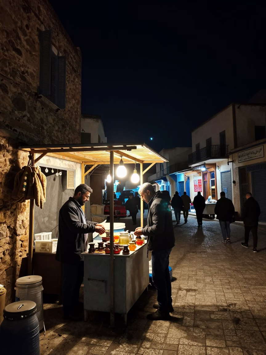 Market Scene in Tunis at The Deepest Night Sky Light in in Tunis, Tunisia