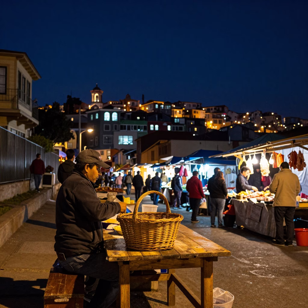 Market Scene in Valparaiso at The Deepest Night Sky Light in in Valparaiso, Chile