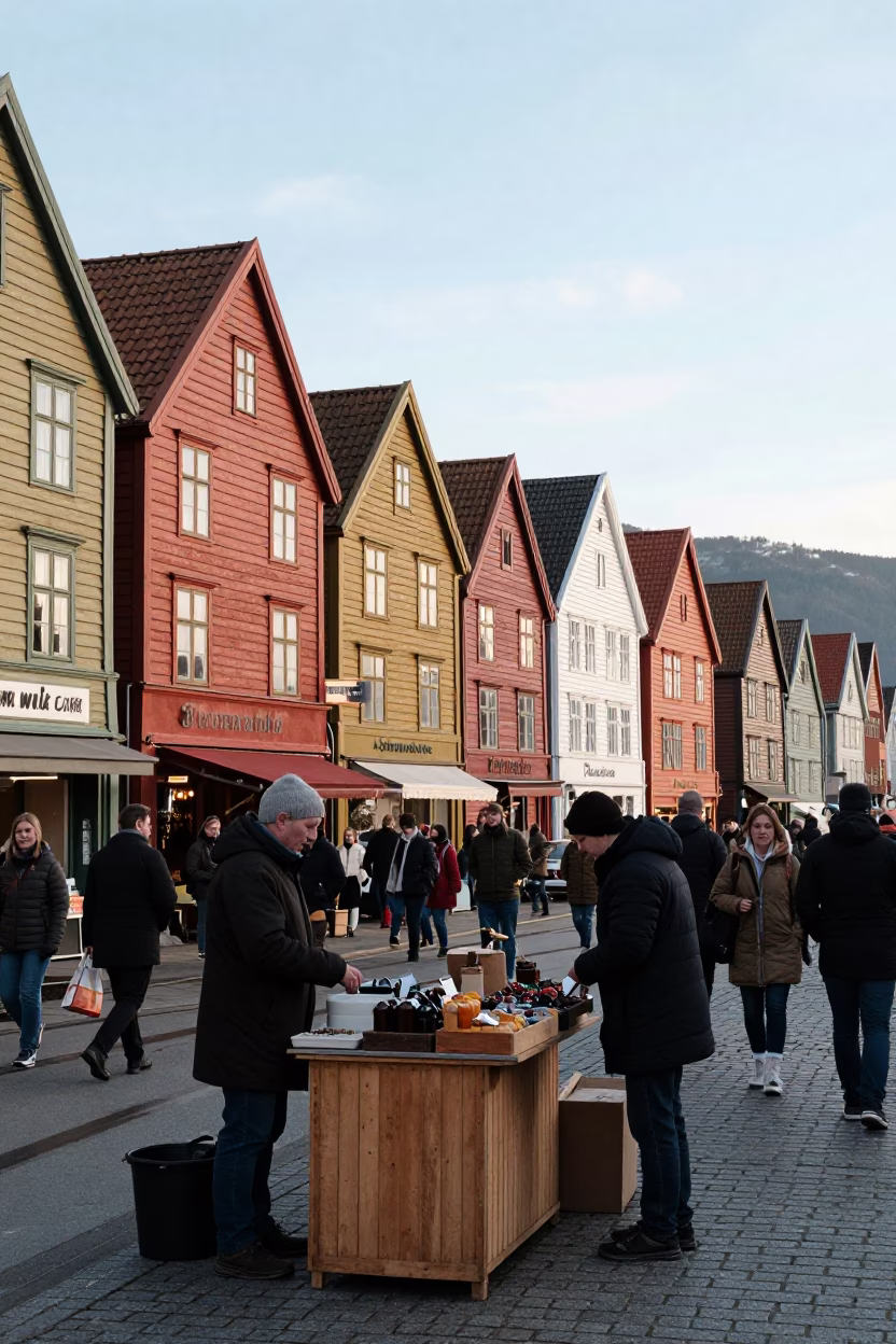 Market Scene just after sunrise in Bergen in in Bergen, Norway