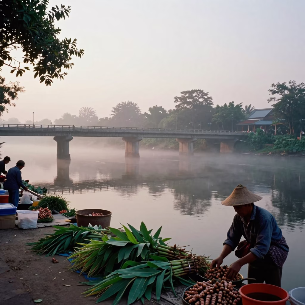 Market Scene just after sunrise in Chiang Mai in in Chiang Mai, Thailand