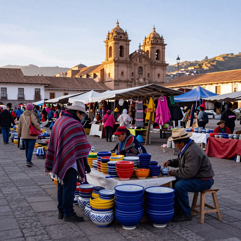 Market Scene just after sunrise in Cusco in in Cusco, Peru