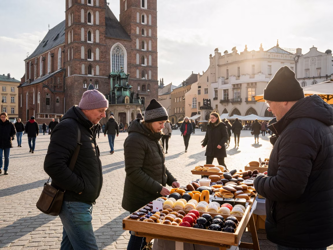 Market Scene just after sunrise in Krakow in in Krakow, Poland
