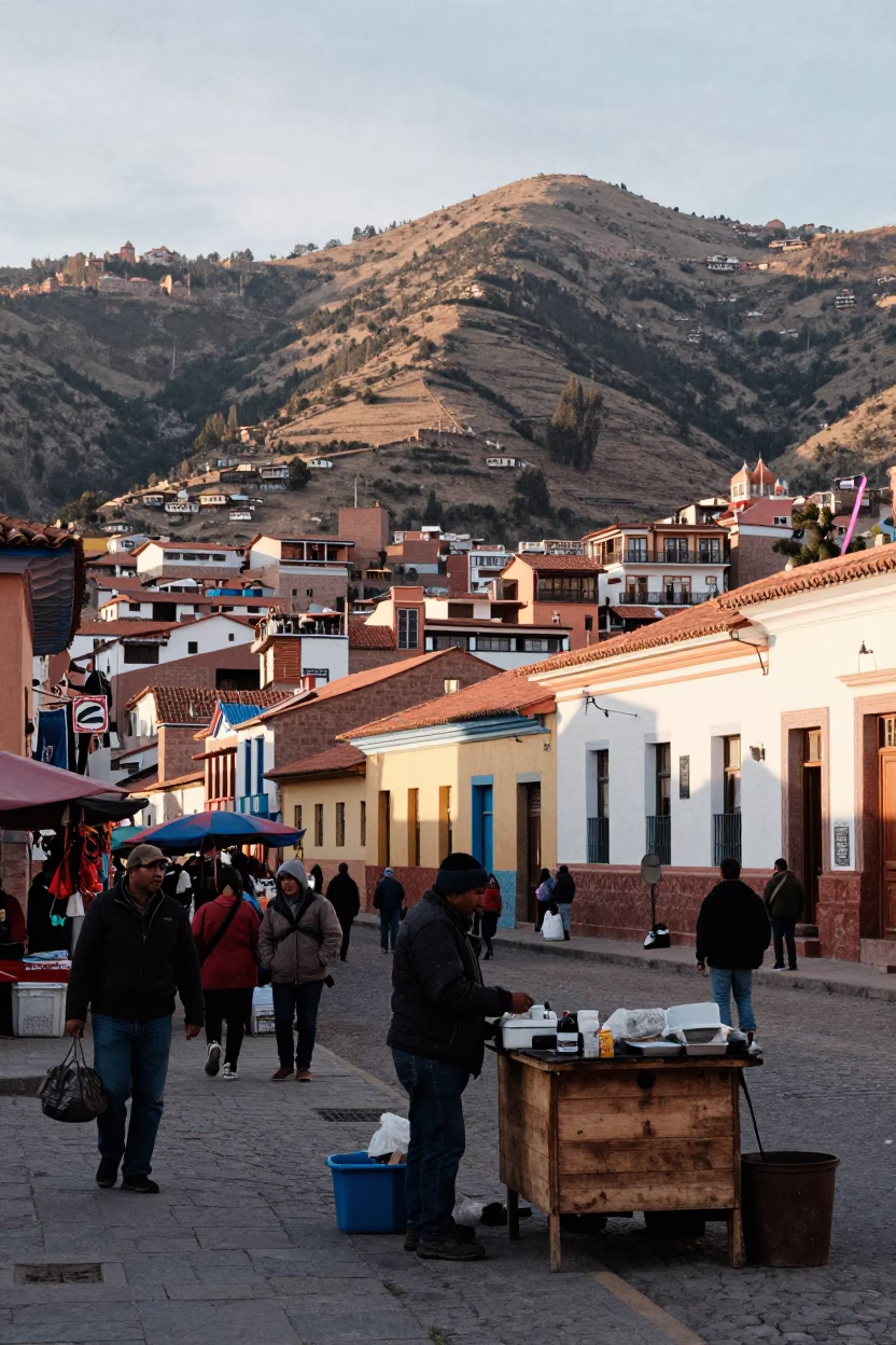 Market Scene just after sunrise in La Paz in in La Paz, Bolivia