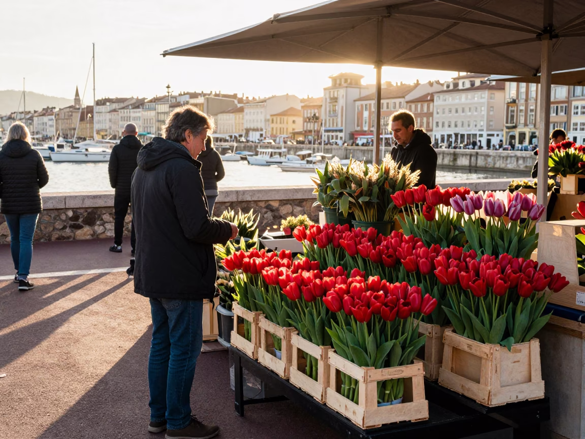 Market Scene just after sunrise in Nice in in Nice, France