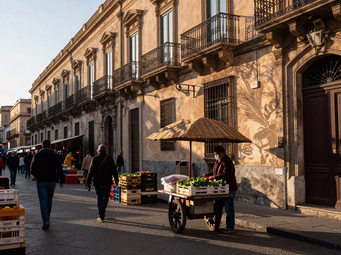 Market Scene just after sunrise in Palermo in in Palermo, Italy