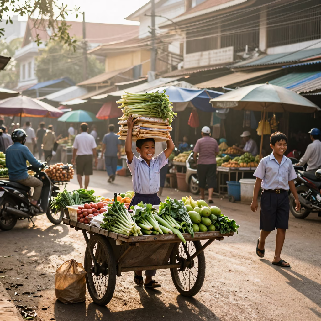 Market Scene just after sunrise in Phnom Penh in in Phnom Penh, Cambodia