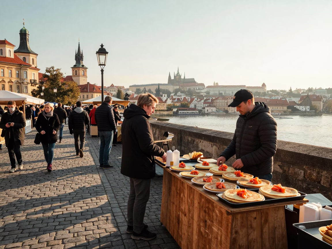 Market Scene just after sunrise in Prague in in Prague, Czech Republic