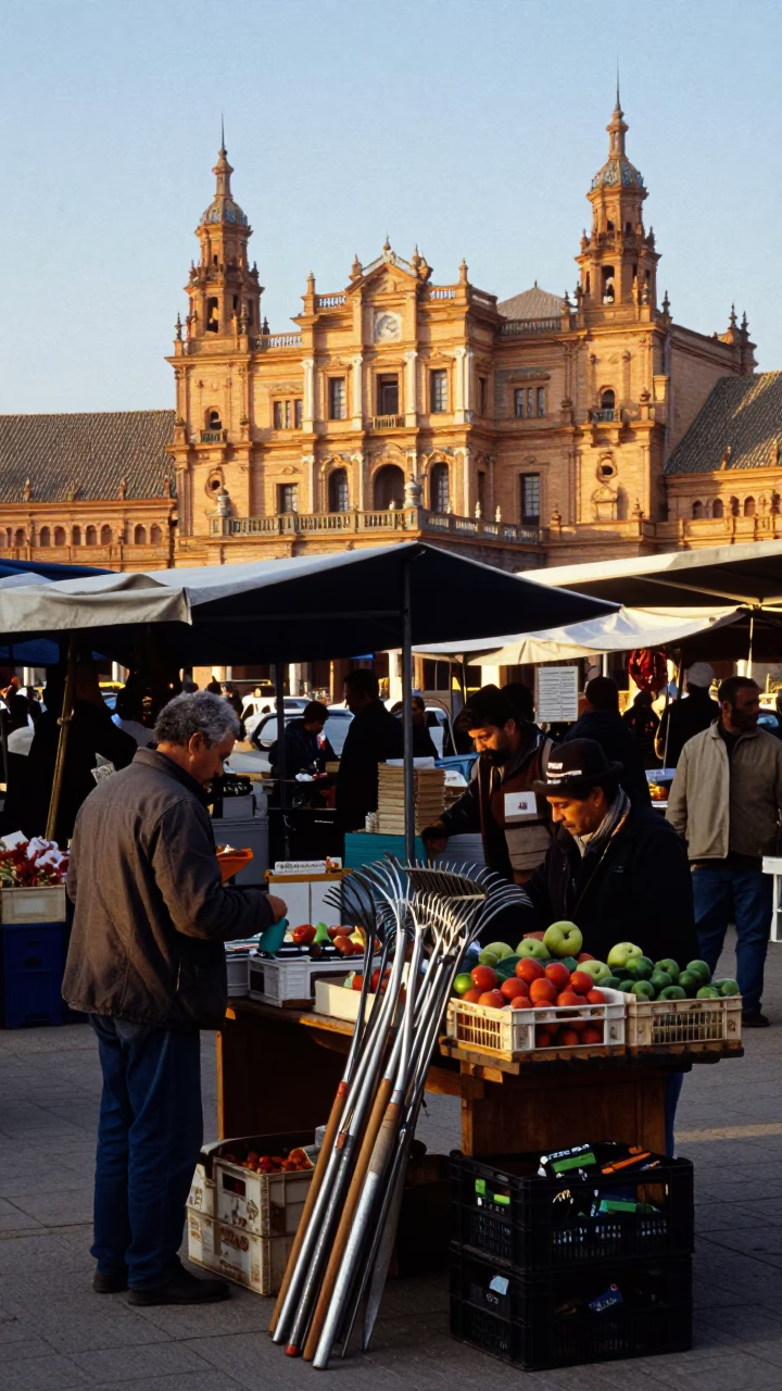 Market Scene just after sunrise in Seville in in Seville, Spain