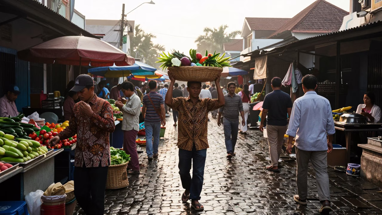 Market Scene just after sunrise in Yogyakarta in in Yogyakarta, Indonesia