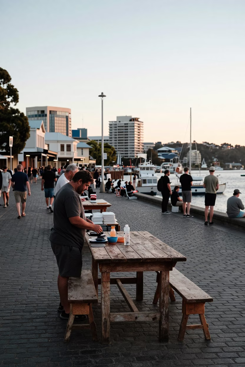 Market Setup in Hobart at Nautical Dawn Light in in Hobart, Tasmania, Australia
