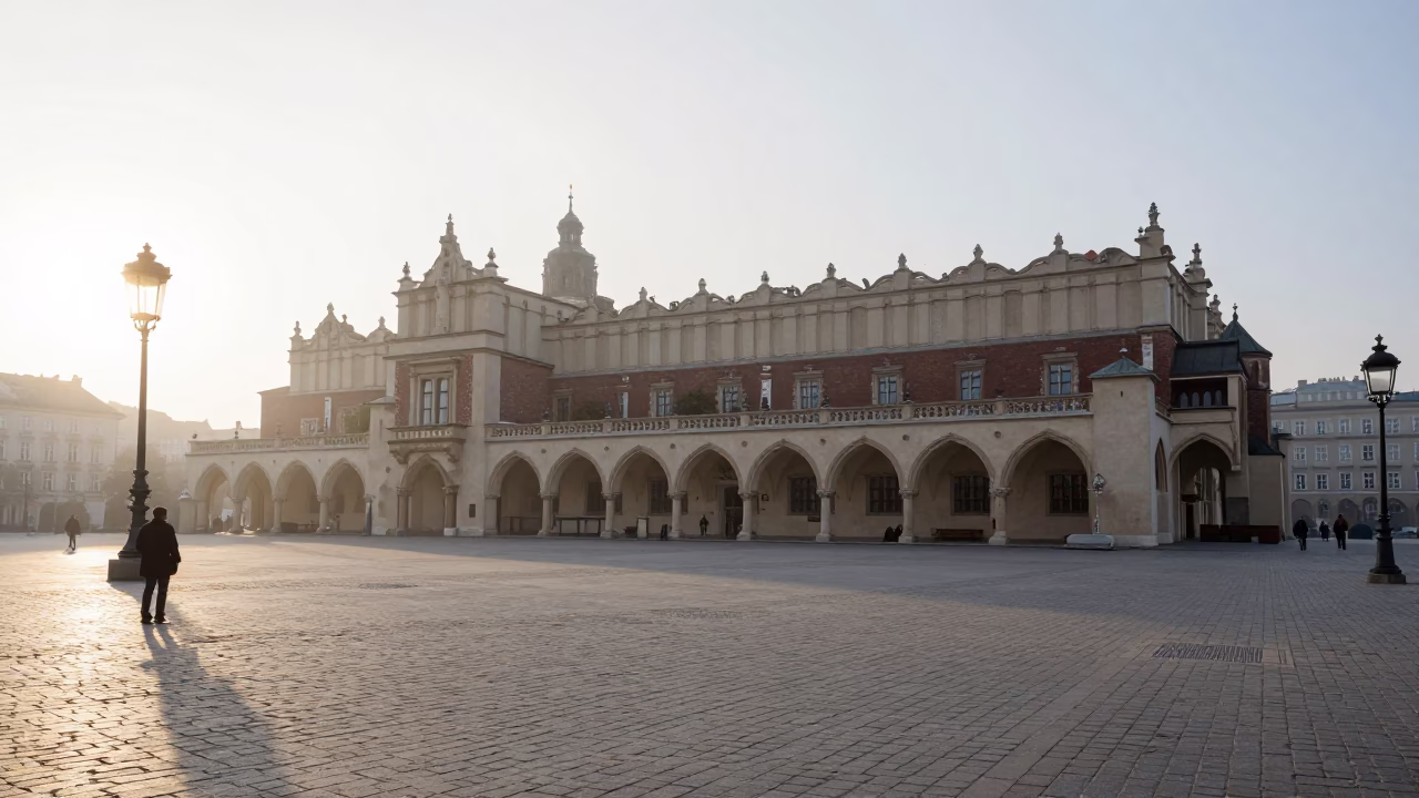 Market Square at As First Light Reaches The Scene in Krakow in in Krakow, Poland