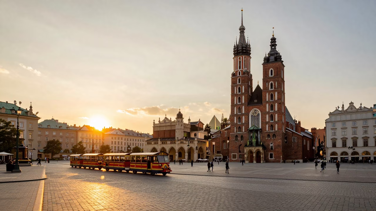 Market Square in Krakow at As The Sun Drops Toward The Horizon in in Krakow, Poland