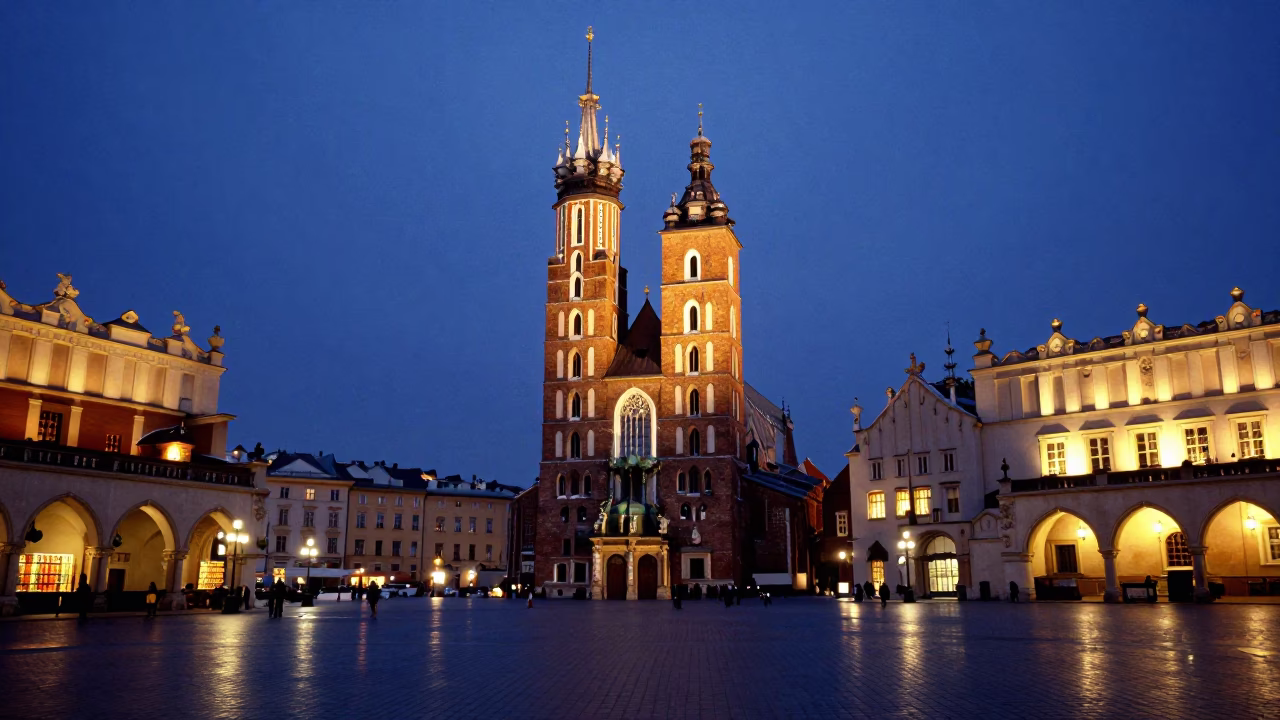 Market Square in Krakow at Blue Hour in in Krakow, Poland
