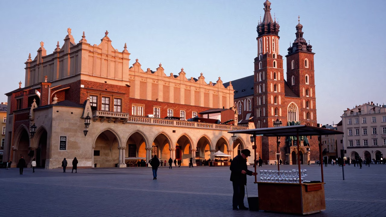 Market Square in Krakow at First Light Of Dawn in in Krakow, Poland
