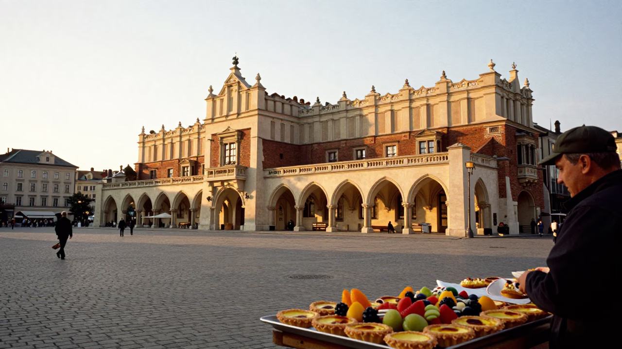 Market Square in Krakow at Golden Hour in in Krakow, Poland