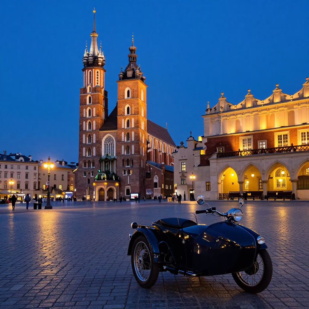 Market Square in Krakow at Indigo Twilight After Sunset in in Krakow, Poland
