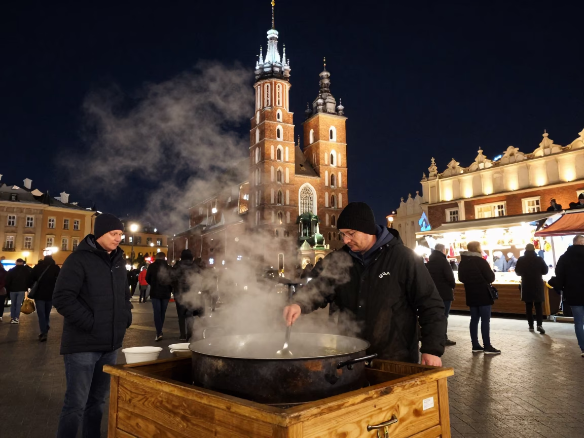 Market Square in Krakow at The Deepest Night Sky Light in in Krakow, Poland