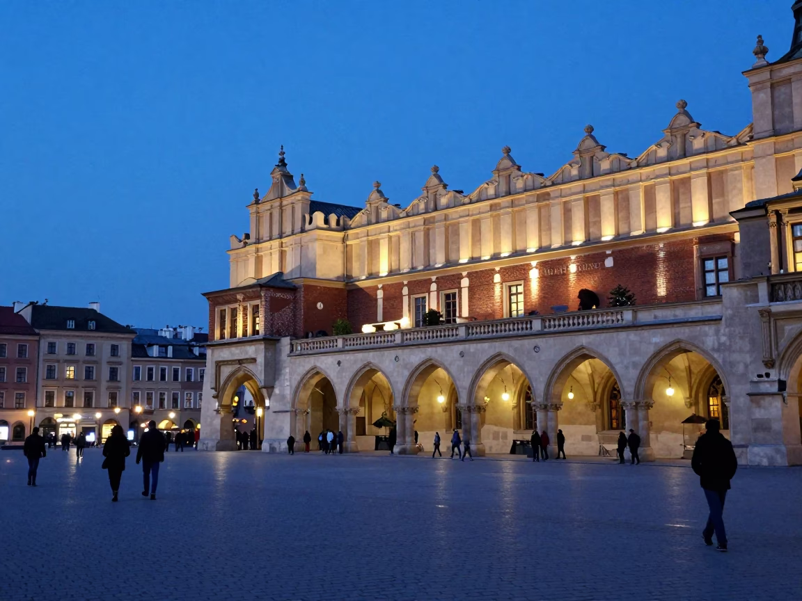 Market Square in Krakow at The Last Blue Light Of Evening in in Krakow, Poland