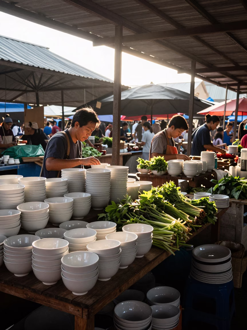 Market Stall at As First Light Reaches The Scene in Chiang Mai in in Chiang Mai, Thailand