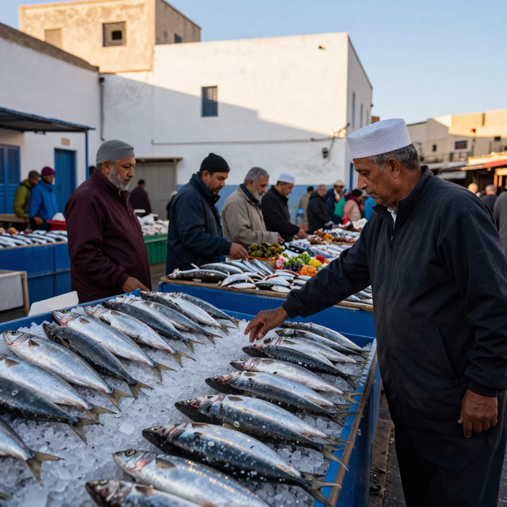 Market Stall at As First Light Reaches The Scene in Essaouira in in Essaouira, Morocco