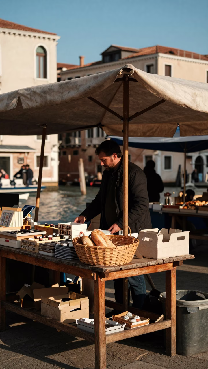 Market Stall at Clear Late-afternoon Light in Venice in in Venice, Italy