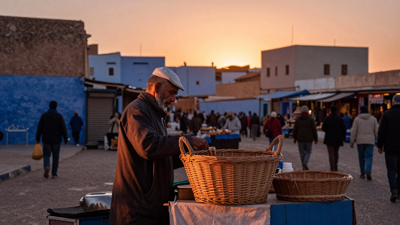 Market Stall at Copper-toned Light Before Dusk in Essaouira in in Essaouira, Morocco