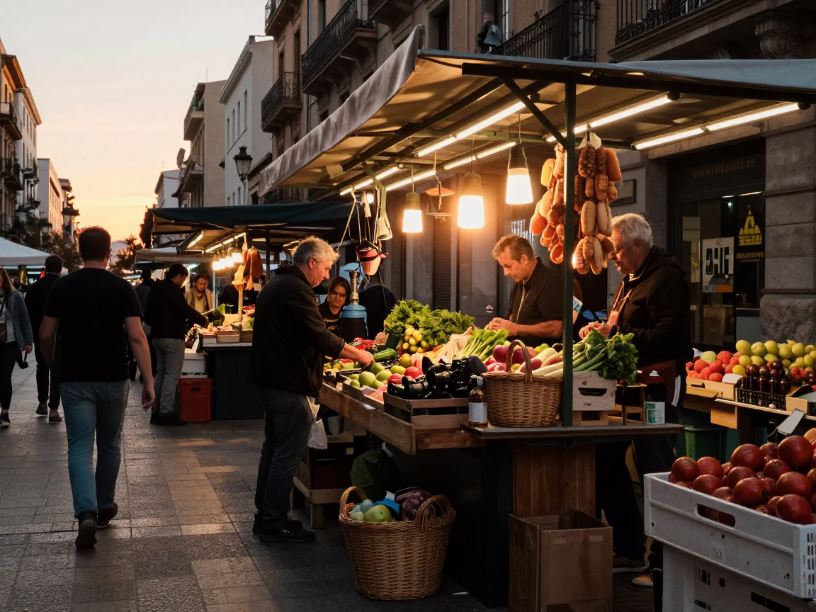 Market Stall at Sunset Light in Barcelona in in Barcelona, Spain
